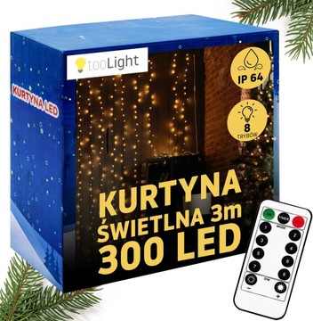 KURTYNA ŚWIETLNA 3x3 m LED LAMPKI 300 CIEPŁY BIAŁY WEWNĘTRZNA ZEWNĘTRZNA