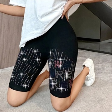 Black Stretch Rhinestone Skinny Shorts Women Leggi