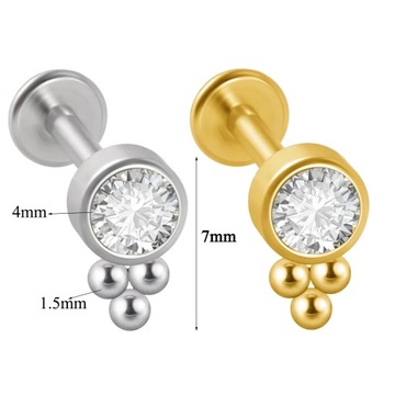 Piercing de acero quirúrgico para labio Labret, Gema de cristal chapada en