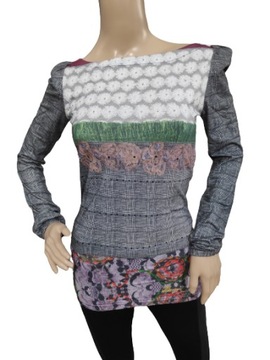 Desigual szara bawełniana bluzka dopasowana tunika w kratę haft XL