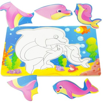 Drewniana kolorow układanka puzzle delfin delfinki