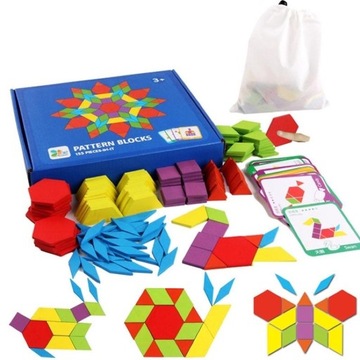 UKŁADANKA DREWNIANA TANGRAM MONTESSORI KLOCKI PUZZLE DREWNIANE 155 element.