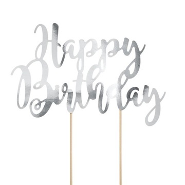 Topper na tort Happy Birthday urodziny PIKER srebr