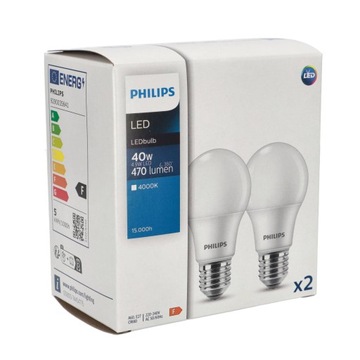 2 светодиодные лампы E27 A60 4,9 Вт, 4000 К, 470 лм PHILIPS