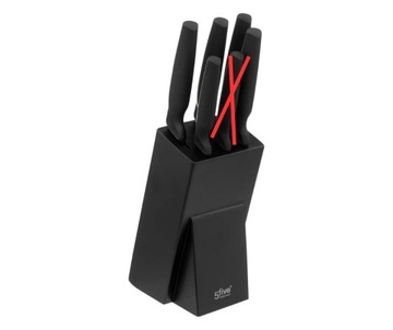 NOŻE KUCHENNE Blok z 5 nożami czarny stojak nóż do chleba i Santoku