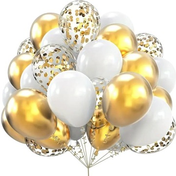 Balony złote perłowe białe z konfetti na Komunię Chrzest Ślub Wesele 30szt