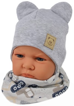 KOMPLET CZAPKA + APASZKA DWUSTRONNA 46-48 WIOSNA / JESIEŃ SZARY MELANŻ 9m+