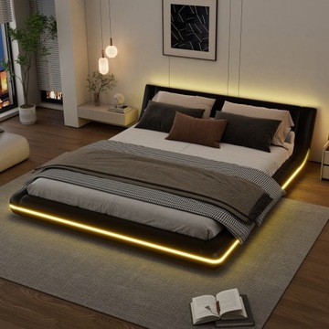 Łóżko podwójne tapicerowane o wymiarach 160*200cm PU pilot LED czarny