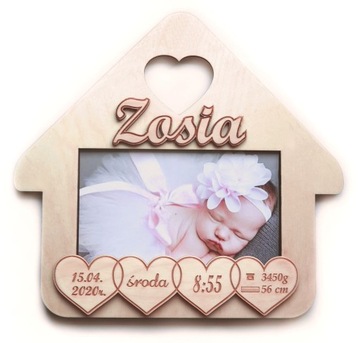 Pamiątka Narodzin Domek METRYCZKA Ramka z imieniem datą godziną ur. dziecka