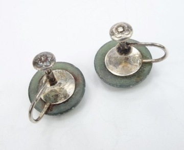 Stare zakręcane srebrne okrągłe klipsy z nefrytem Vintage