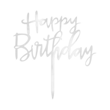 Topper na tort Happy Birthday lustrzany srebrny 1szt.