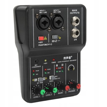 2 kanały mikser audio USB 48V zasilanie Phantom