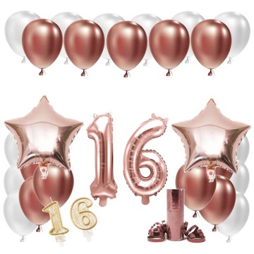 ZESTAW BALONY NA 16 URODZINY LAT ROSE GOLD 16 ROCZNICA ŚLUBU RÓŻOWE ZŁOTO