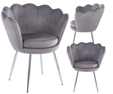 Krzesło Glamour SHELL CHROME Muszla Muszelka szara SREBRNE NÓŻKI welur