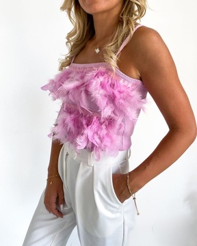 РОЗОВЫЙ ТОП С РОЗОВЫМИ ПЕРЬЯМИ БЛУЗКА НА РЕМЕШКАХ