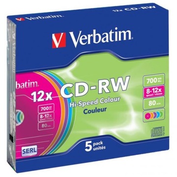 PŁYTA VERBATIM CD-RW, 700MB PRĘDKOŚĆ 12X SLIM CASE