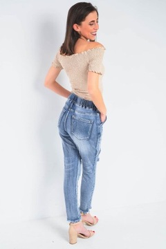 Jeansowe spodnie damskie baggy wiązane w pasie boyfriendy z łatami S