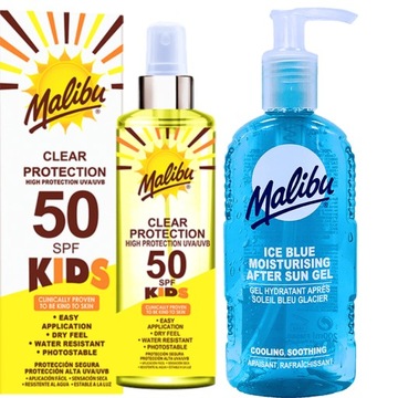 Malibu Bezbarwny Spray Dla Dzieci SPF50 250ml + Żel Po Opalaniu 200ml