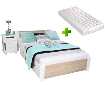 Łóżko drewniane podwójne 3D 140x200 białe + dąb SONOMA stelaż MATERAC