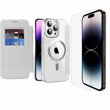 SREBRNE ETUI FLIP Z KLAPKĄ DO MAGSAFE CASE DO IPHONE 13 PRO MAX + SZKŁO
