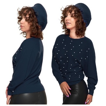 SWETEREK Z KIMONOWYM RĘKAWEM DAMSKI PEREŁKI MIĘKKI MORAJ GRANATOWY 2XL/3XL