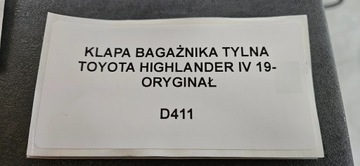 VÍKO KUFRU KUFRU ZADNÍ TOYOTA HIGHLANDER IV 19-