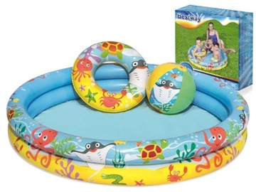 Basen dmuchany dla dzieci kolorowy w zestawie Piłka + Kółko 122 cm Bestway