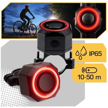 ALARM ROWEROWY ANTYKRADZIEŻOWY + LAMPA TYLNA LAMPKA ROWEROWA DZWONEK PILOT