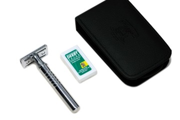 Maszynka do golenia na żyletki golarka stal skórzane etui zestaw V3 glossy