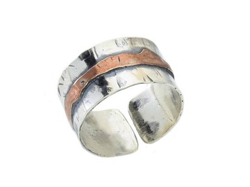 Pierścionek obrączka 1,0 cm srebrny pasek -miedź