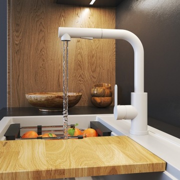 Смеситель для кухни БЕЛЫЙ, ВЫДВИЖНОЙ излив, 2 форсунки, для кухонной мойки EBRO