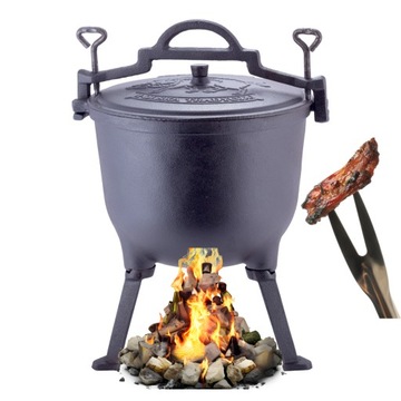 KOCIOŁEK MYŚLIWSKI ŻELIWNY GARNEK NA OGNISKO STOJĄCY 10L KAMILLE