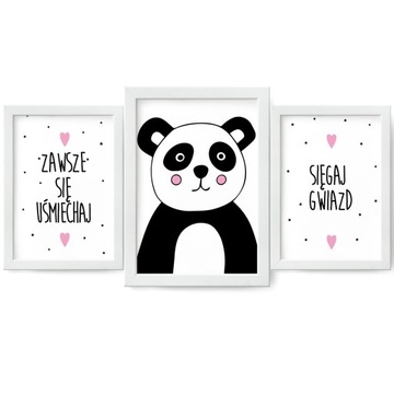 Panda Napisy Zestaw 3 szt Plakaty Dziecięce A3