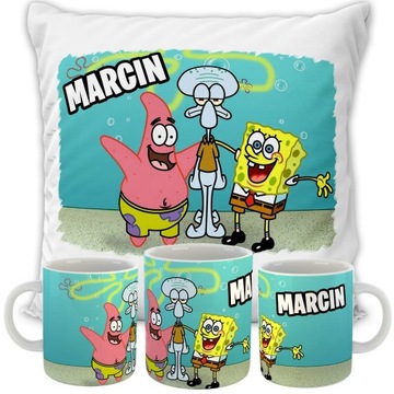 ZESTAW PODUSZKA + KUBEK SPONGEBOB KANCIASTOPORTY + IMIĘ PREZENT URODZINY
