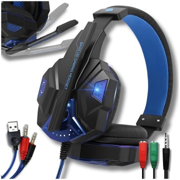 Słuchawki dla graczy gamingowe podświetlane LED mikrofon + adapter combo