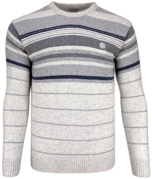 Sweter męski wełniany w paski W263 ciepły beżowy szary r. L