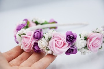 OPASKA różówa wianek komunijny kwiaty fioletowe na głowę na komunije wesele