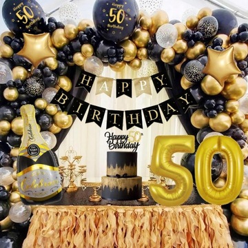 НАБОР УКРАШЕНИЙ ШАРАМИ НА 50-ЛЕТИЕ ДНЯ РОЖДЕНИЯ ГИРЛАНД ЧЕРНО-ЗОЛОТОЙ БОЛЬШОЙ