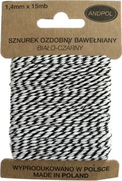 Sznurek ozdobny bawełniany biało czarny 15mb