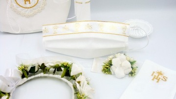 ZESTAW KOMUNIJNY WIANEK NA KOK TOREBKA RĘKAWICZKI KOMUNIAEU