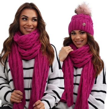 KOMPLET DAMSKI CZAPKA SZAL CIEPŁY NA ZIMĘ MALINOWY