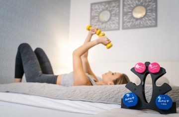 Набор гантелей с подставкой, гири разноцветные резиновые, 6 шт. Весы DrFit разные, 6 кг.