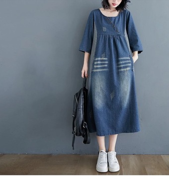 New Women Denim Dress Vintage Temperament Simple P