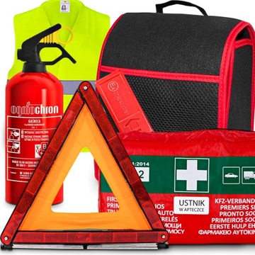 ZESTAW APTECZKA DIN13164+ GAŚNICA 1 KG KAMIZELKA TRÓJKĄT OSTRZEGAWCZY ETUI