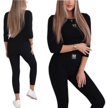 KOMPLET PRĄŻKOWANY LEGGINSY + BLUZKA JASKÓŁKI DRES FITNESS PIMKO PRĄŻEK L