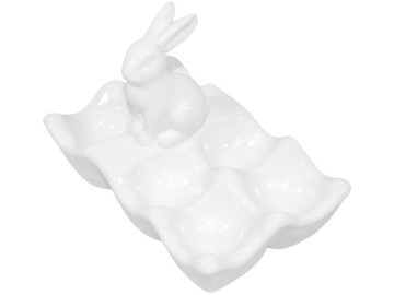 БЕЛАЯ КЕРАМИЧЕСКАЯ Подставка с ЗАЙЧИКОМ Тарелка на 6 ЯИЦ - 13,5x20x12 см