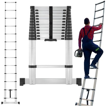 DRABINA TELESKOPOWA 4.4M ALUMINIOWA 15 SZCZEBLI 150KG + STABILIZATOR