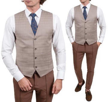 Elegancka Męska Kamizelka w Jasnym Beżu z Delikatną Kratką + dodatek- 54