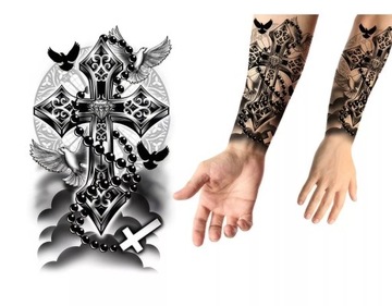 Sztuczny tatuaż krzyż z różańcem i gołębiem czarny