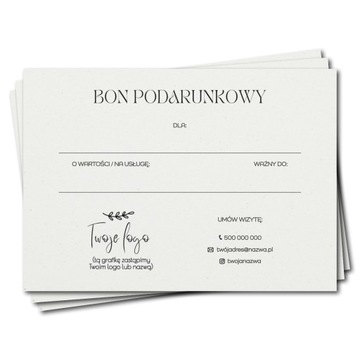 25 x voucher bon podarunkowy, gotowy szablon, papier Crush brudna biel 250g